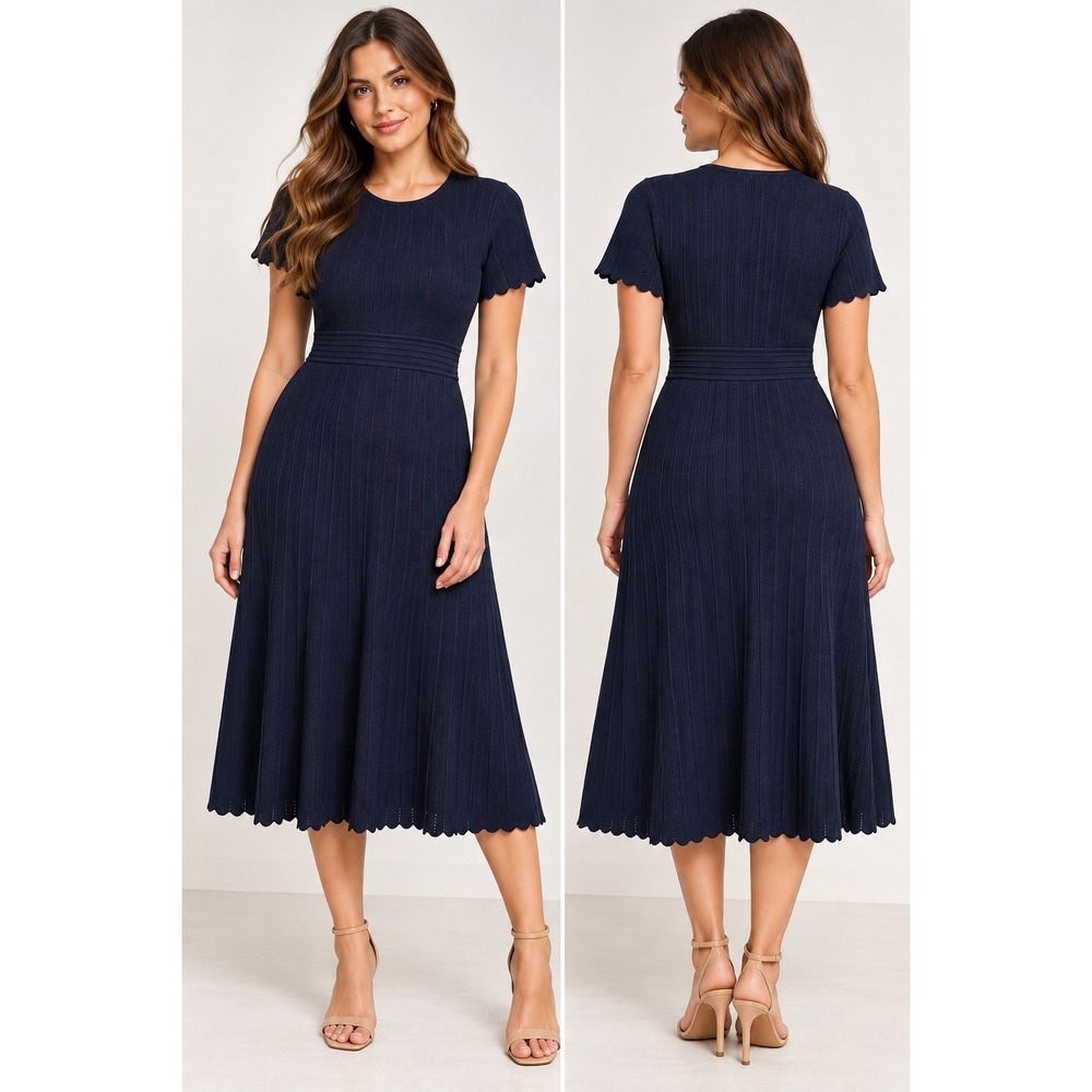 NWT Ted Baker S Navy Pointelle Knit Midi Dress Short Sleeve Fit Flare A Line